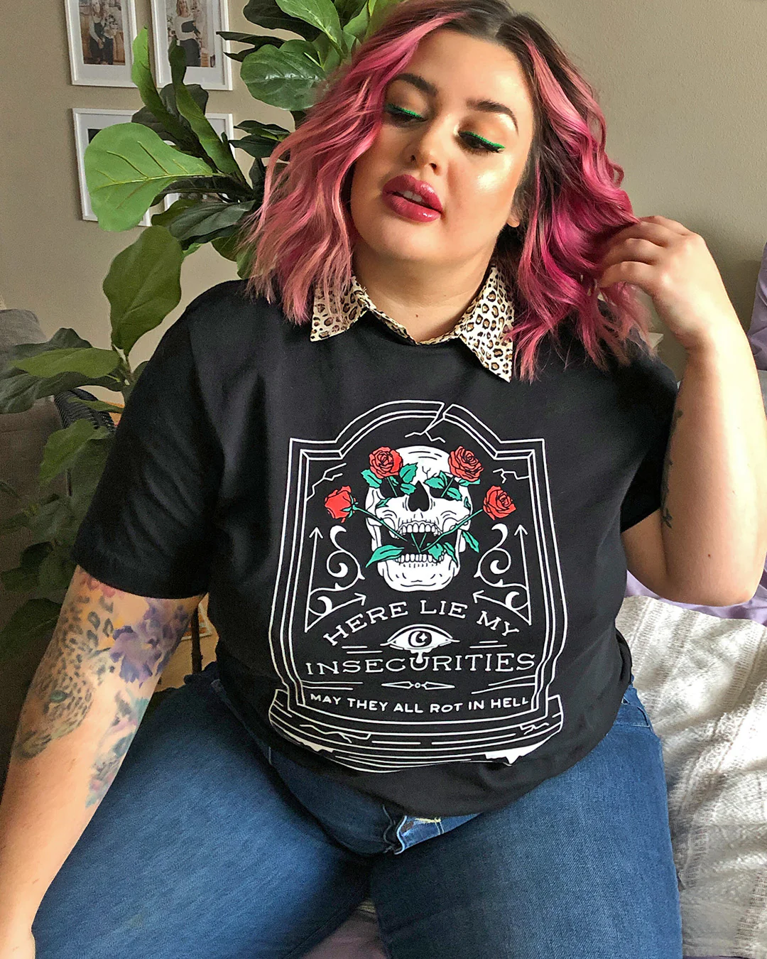 Here Lie My Insecurities Tee: Gothic Skull Graphic T-Shirt - Image 3