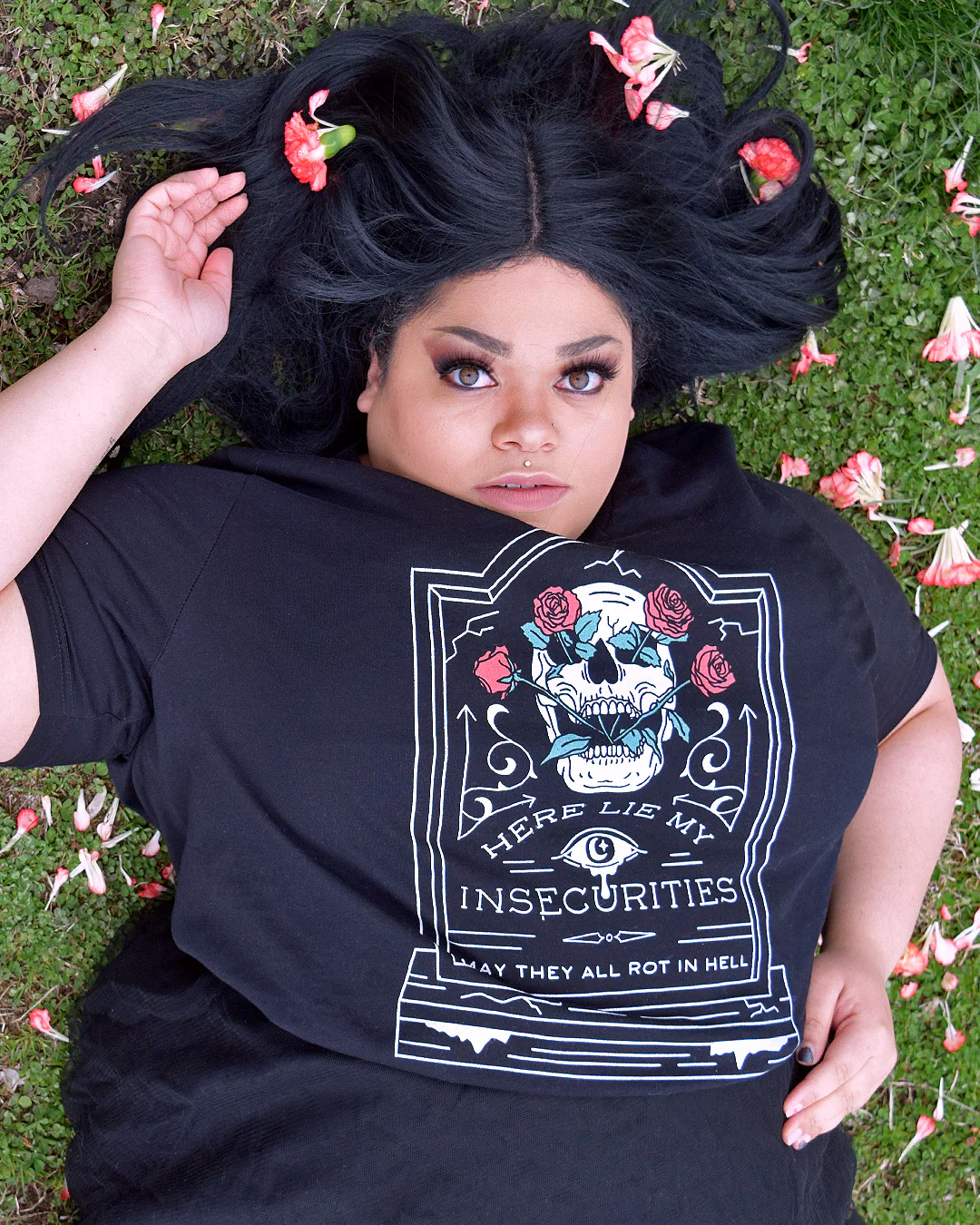 Here Lie My Insecurities Tee: Gothic Skull Graphic T-Shirt - Image 4
