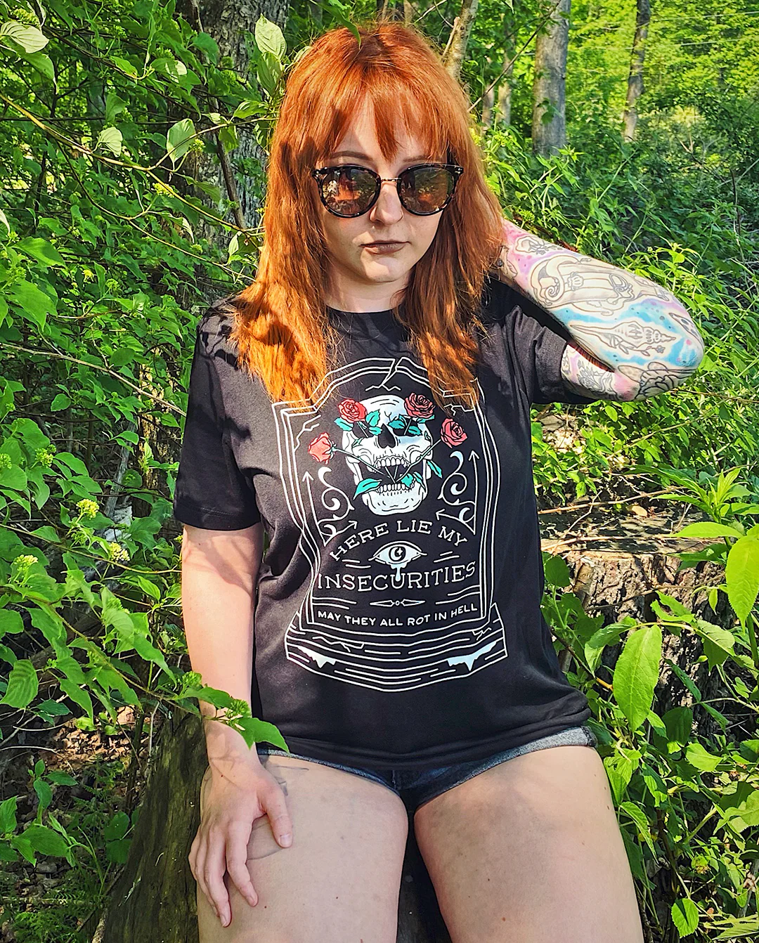 Here Lie My Insecurities Tee: Gothic Skull Graphic T-Shirt - Image 5